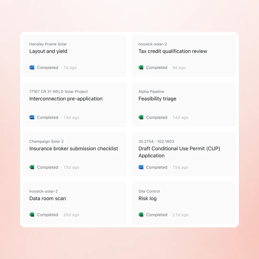 Completed agent runs across projects: layout and yield, feasibility triage, a CUP application draft, and a data room scan, each ending in a Word or Excel file
