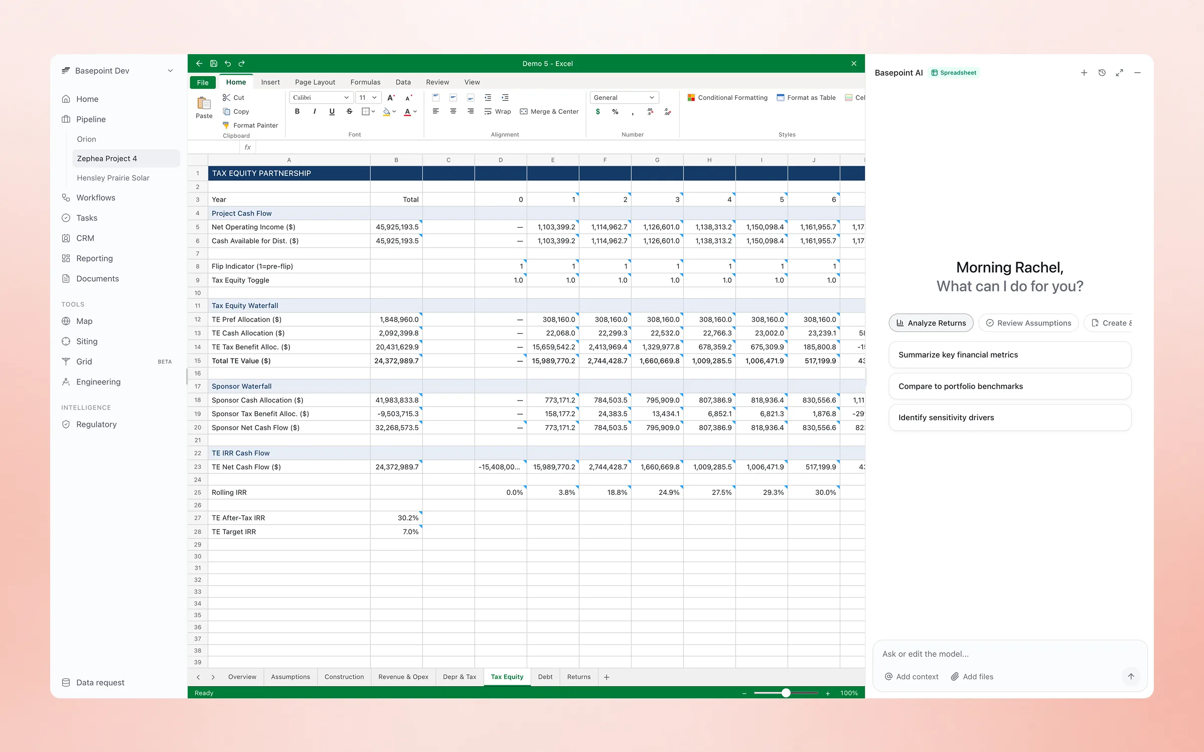 A project financial model open as an Excel workbook inside Basepoint, on the tax equity partnership sheet, with the Basepoint AI sidebar offering to analyze returns and identify sensitivity drivers
