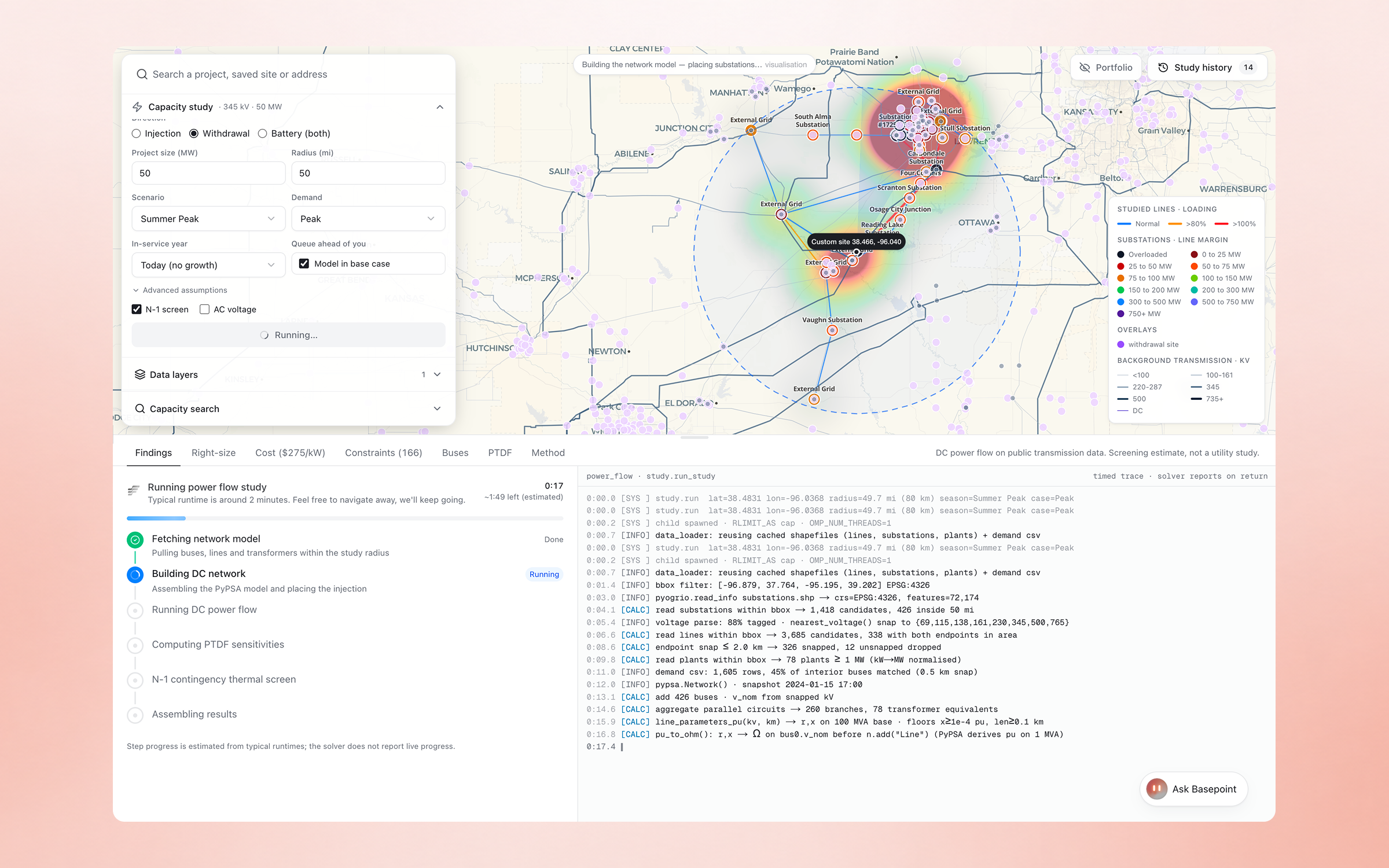 Basepoint grid workspace running a 50 MW withdrawal capacity study: study setup with N-1 screen on, a map of studied substations and line margins around the site, and the findings panel with cost and constraint tabs