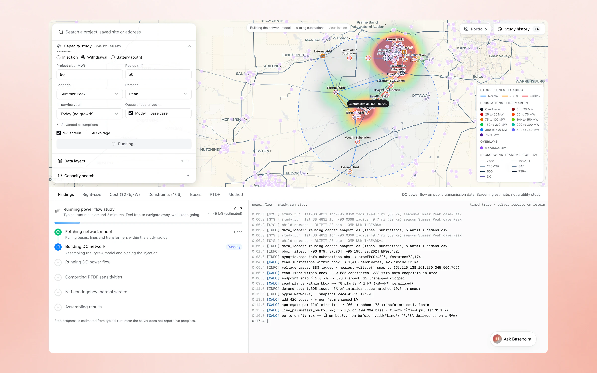 Basepoint grid workspace running a 50 MW withdrawal capacity study: study setup with N-1 screen on, a map of studied substations and line margins around the site, and the findings panel with cost and constraint tabs