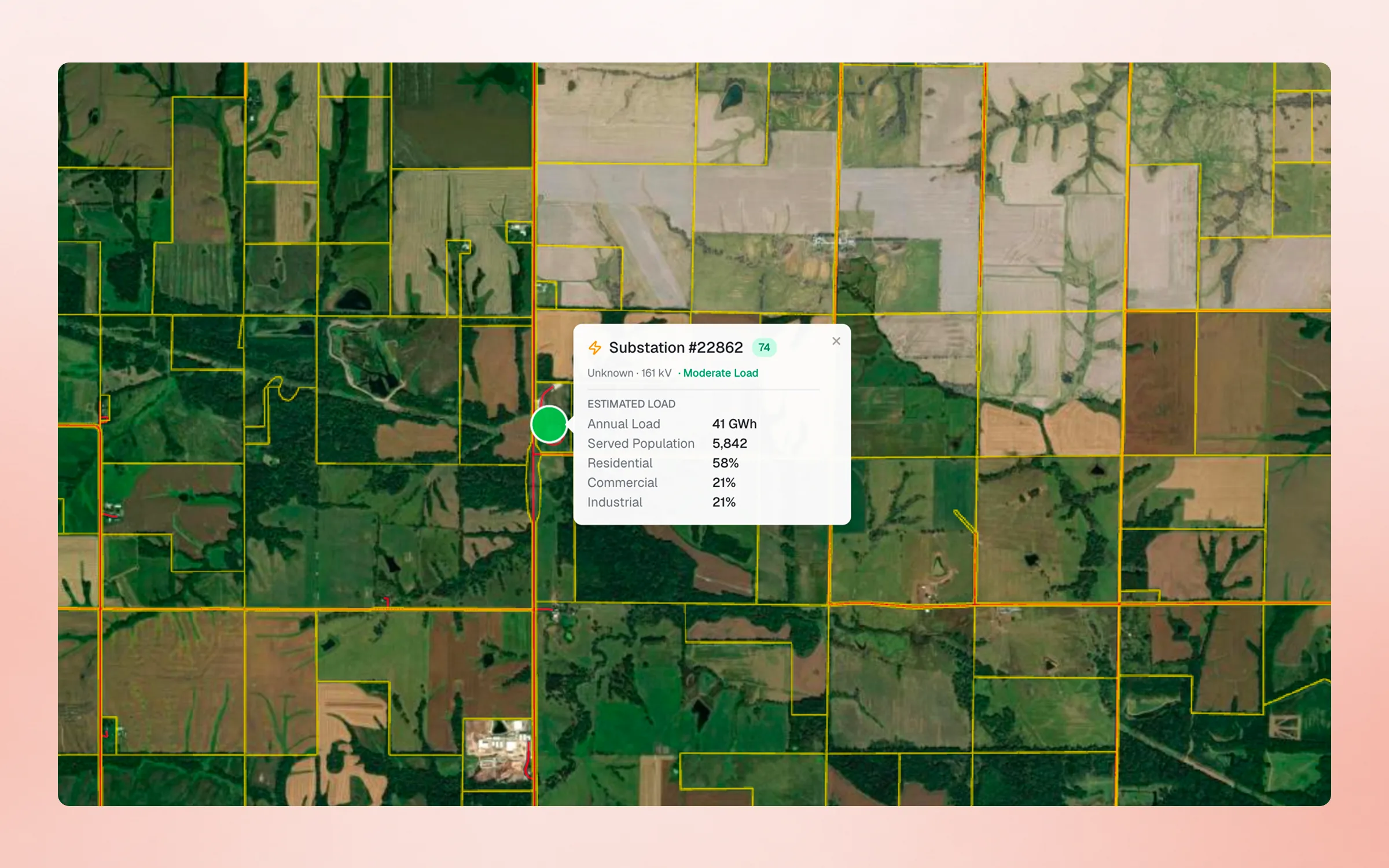 Basepoint map zoomed to farmland parcels with a substation popup showing a 161 kV substation scored 74 with moderate load, annual load, served population, and residential, commercial, and industrial mix