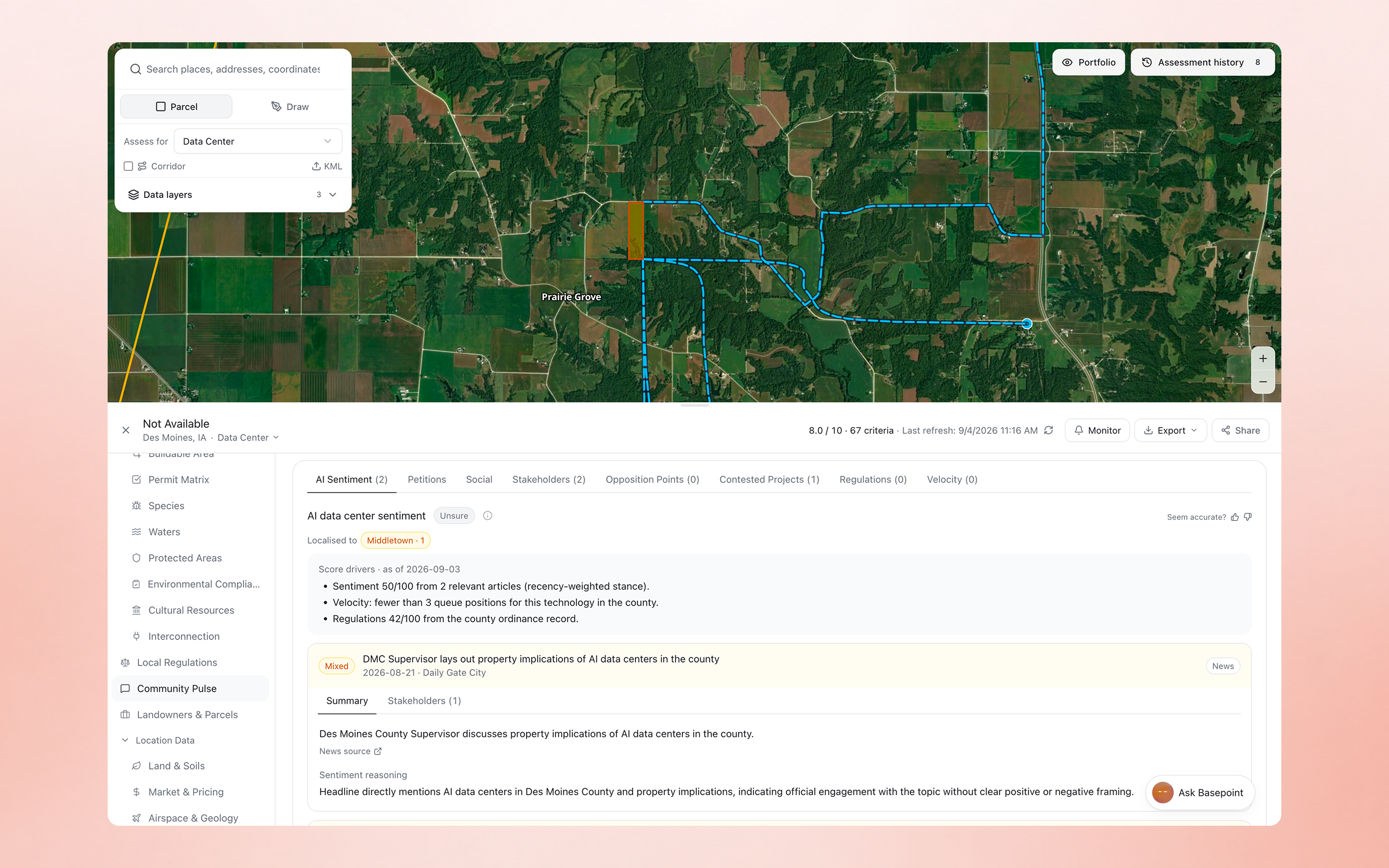 Basepoint siting assessment for a data center parcel near Des Moines, on the Community Pulse tab showing AI data center sentiment, score drivers, and a summarized local news article