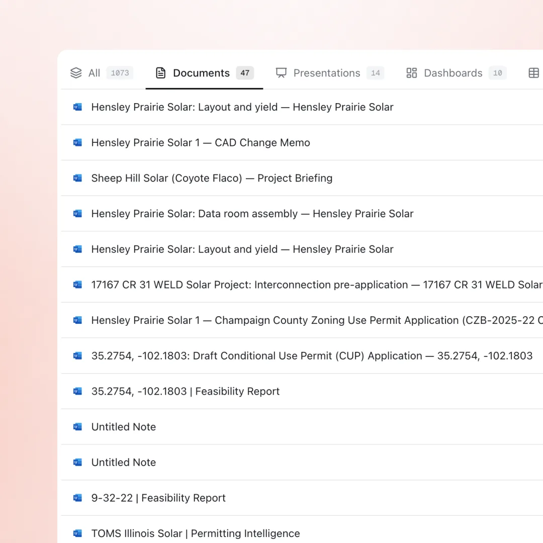 The documents library filed by project: layout and yield memos, project briefings, permit applications, and feasibility reports