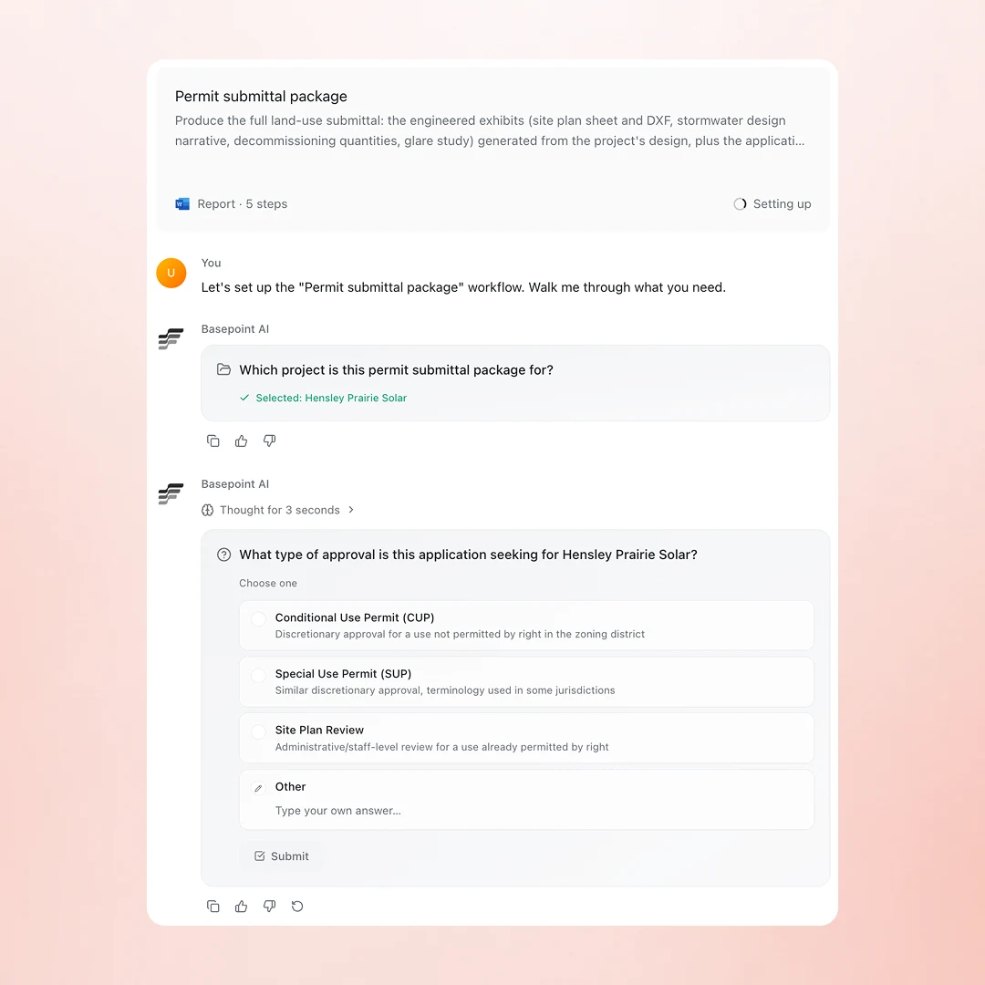 The permit submittal package workflow in chat, asking whether the application seeks a conditional use permit, special use permit, or site plan review