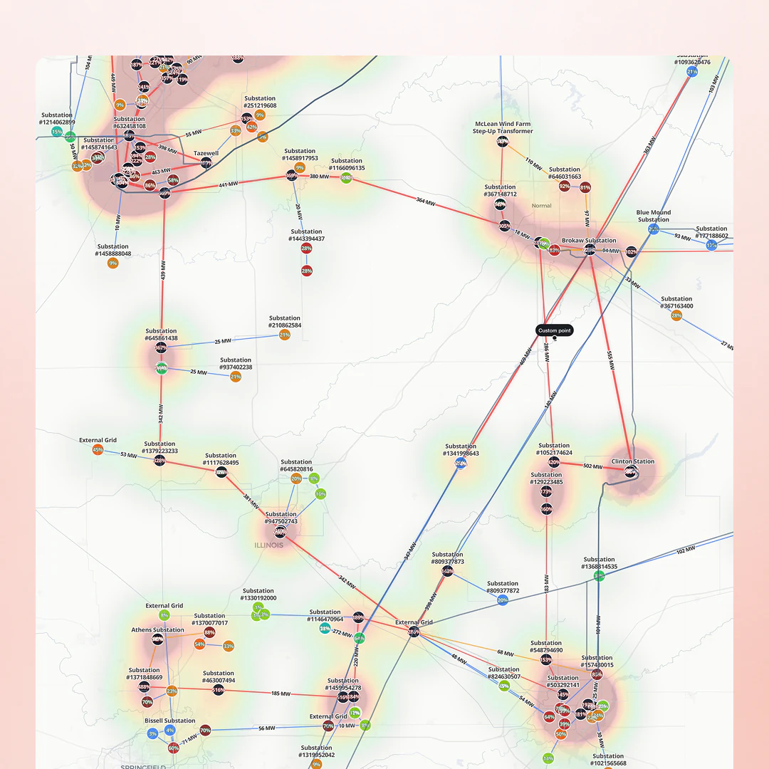A power flow study at a POI showing injection headroom on the transmission map with contingency results