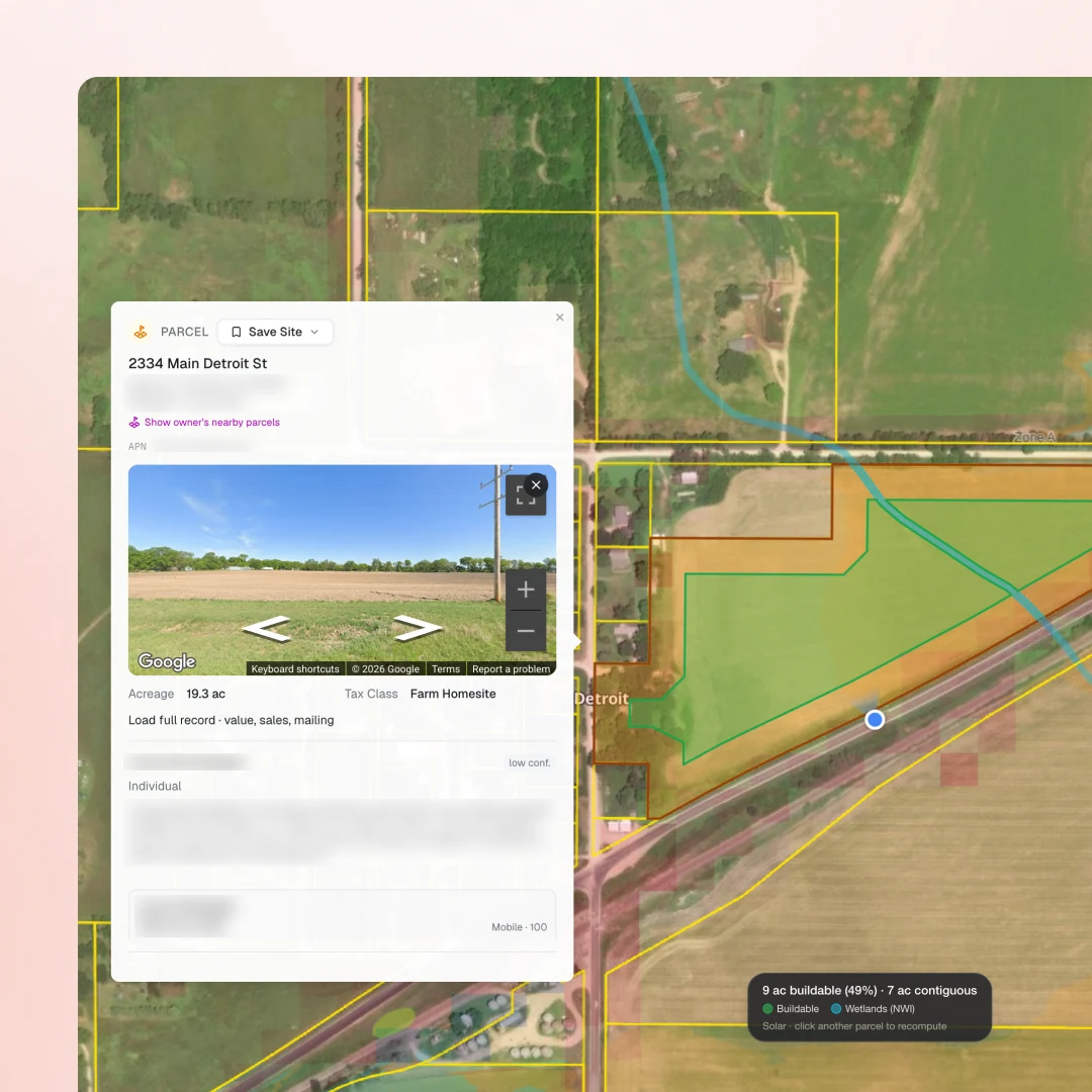 The Basepoint map with a parcel card open over satellite imagery: street view, acreage, and owner record beside a parcel with buildable area and wetland overlays