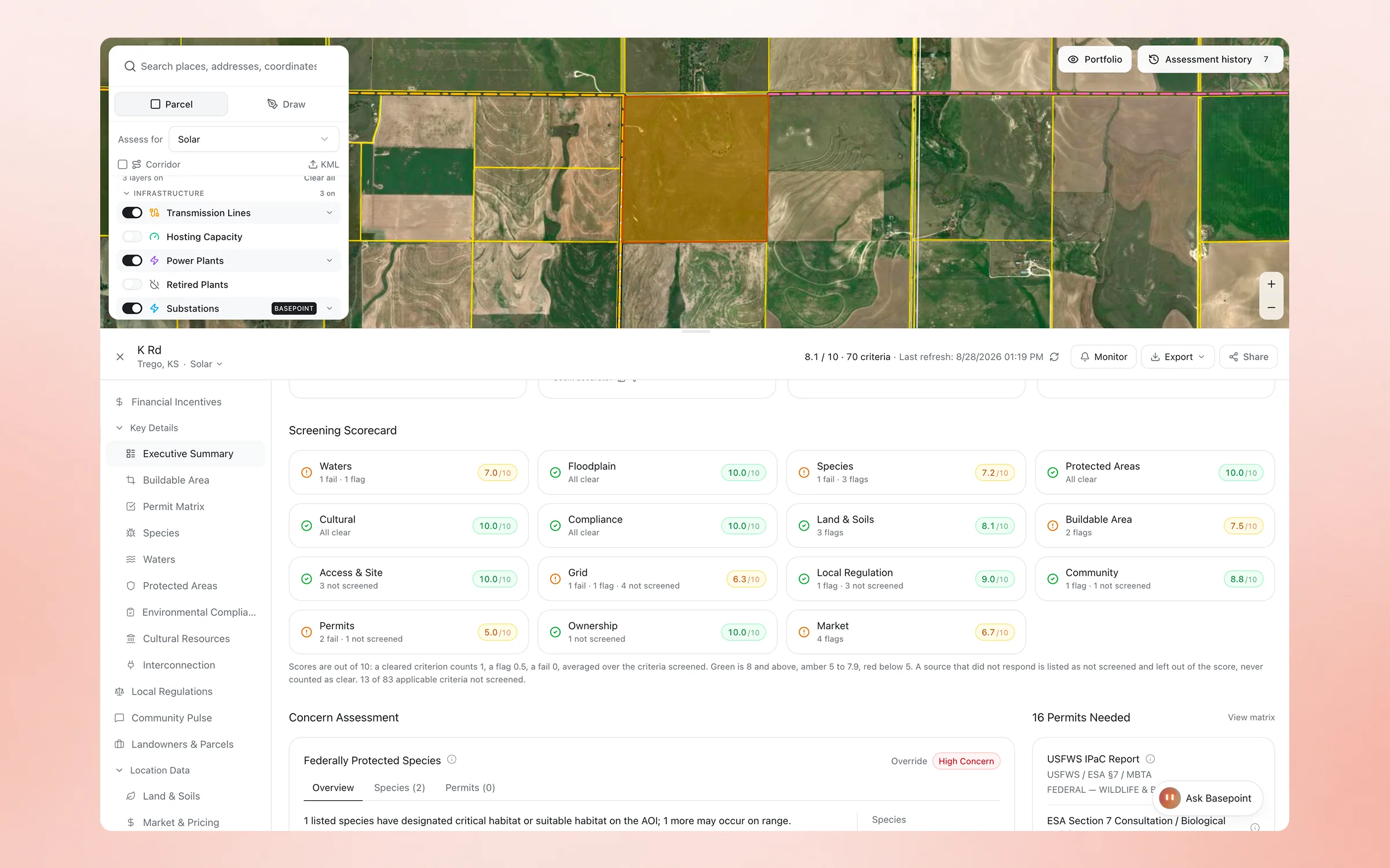 Basepoint siting assessment for a Kansas parcel: satellite map with transmission and substation layers on, and a screening scorecard grading waters, floodplain, species, grid, permits, and local regulation