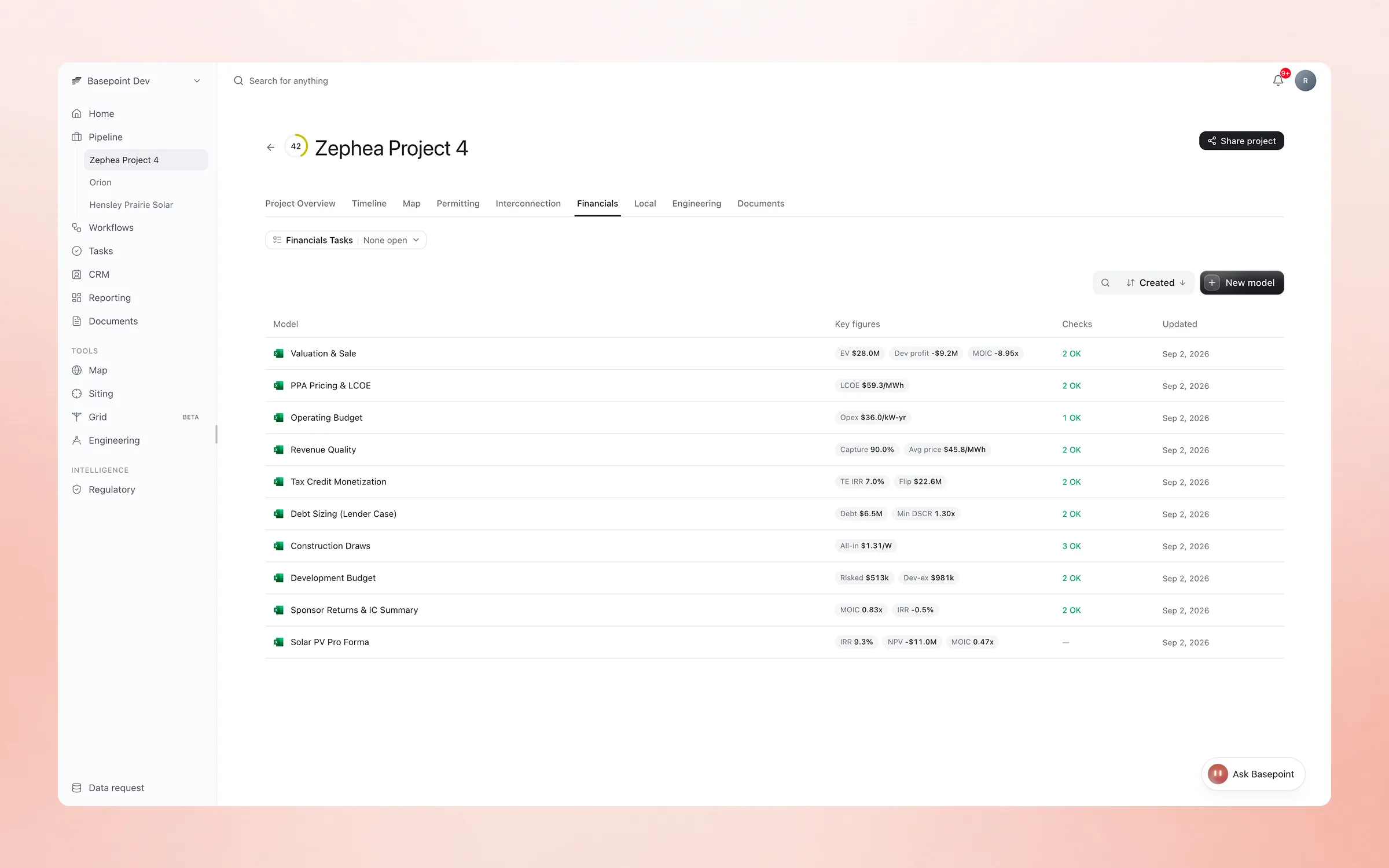 A project's Financials tab in Basepoint listing the model suite, from valuation and PPA pricing to debt sizing and the pro forma, each with key figures like IRR, LCOE, and DSCR