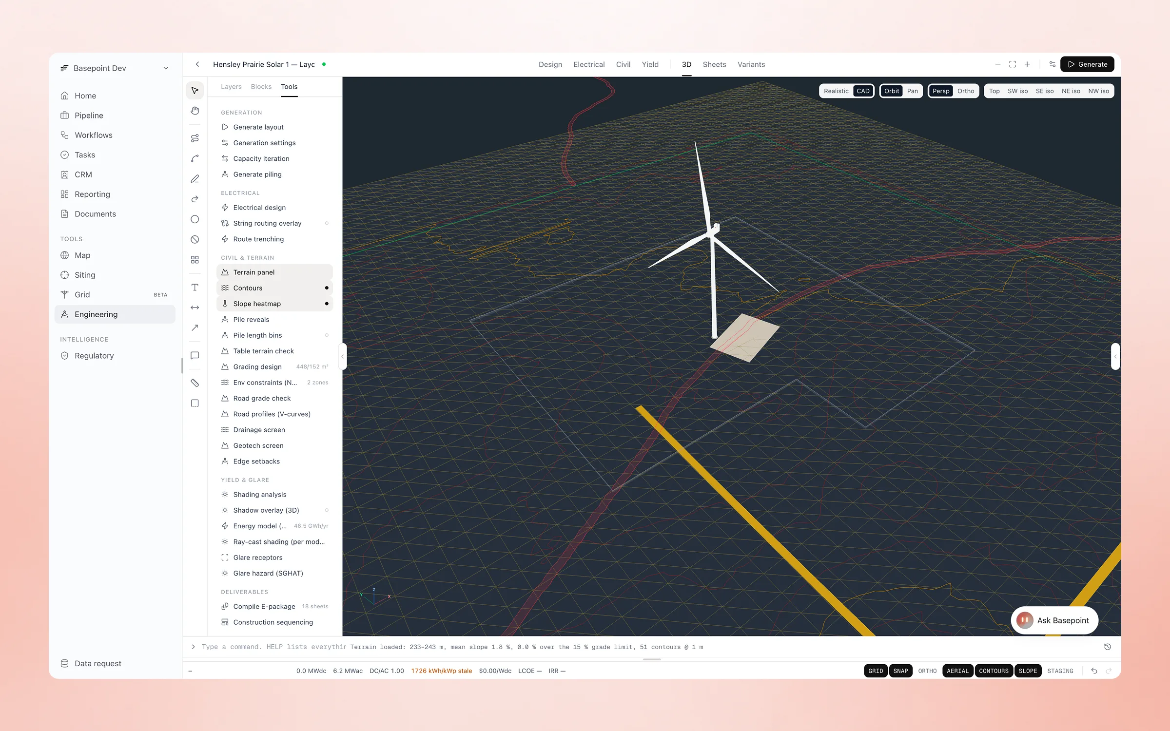 Basepoint CAD Studio 3D view of a wind turbine on a terrain mesh with elevation contours and slope heatmap, the civil and terrain tool list open on the left